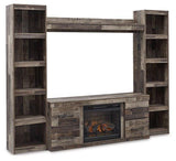 Ashley Derekson 4-piece entertainment center with electric fireplace, wood finish, and storage cabinets, designed for living room setup.