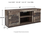Ashley Furniture Derekson 4-piece entertainment center with electric fireplace, showcasing wood finish, shelving, and media storage.