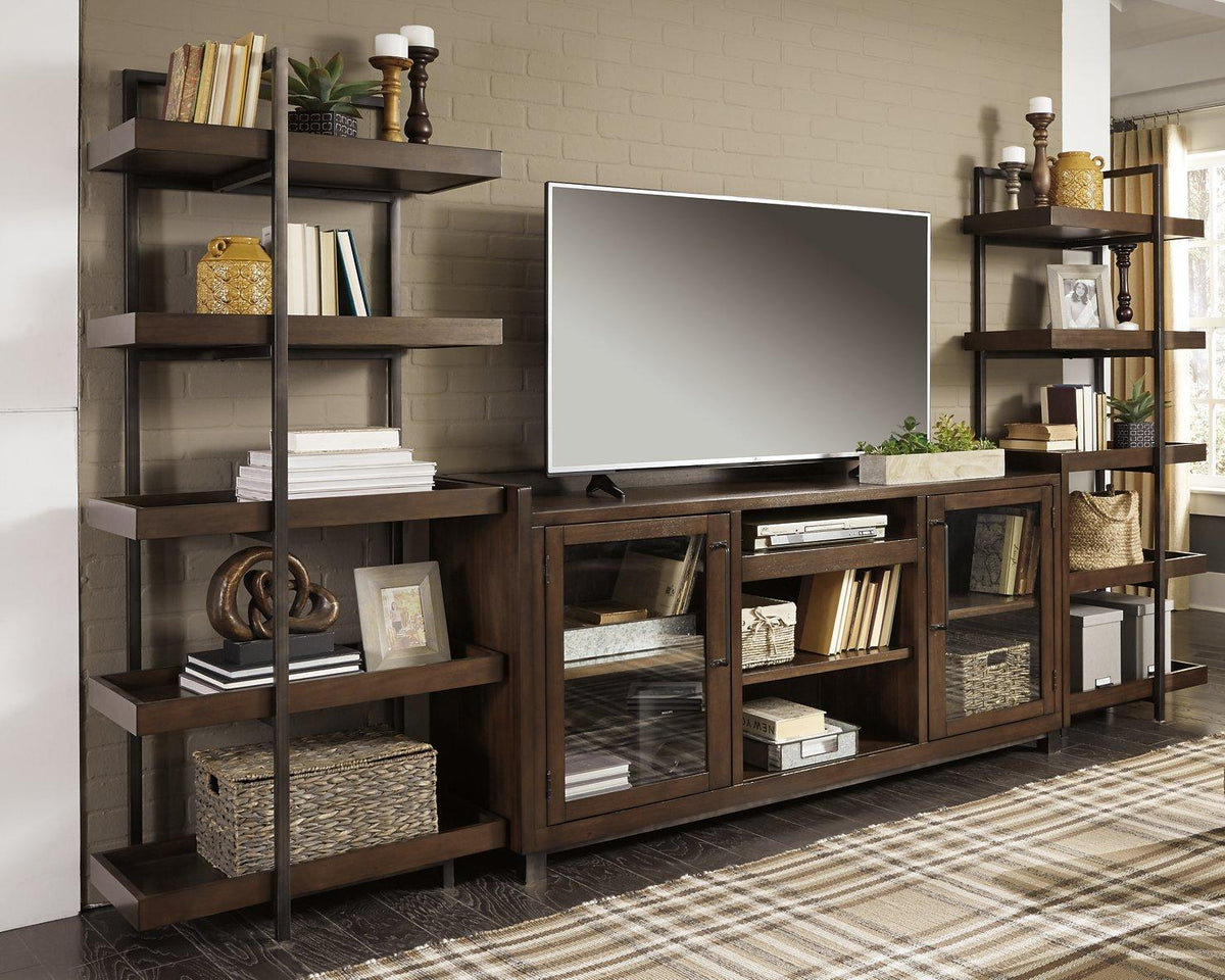Ashley Furniture Starmore 3-piece entertainment center with TV stand, shelves, and storage cabinets in a modern design.