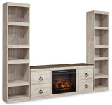 Willowton 3-piece Ashley Furniture entertainment center with electric fireplace, featuring storage cabinets and a modern design.