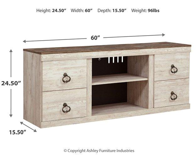 Willowton 3-piece entertainment center by Ashley Furniture with electric fireplace, featuring shelves and storage compartments.