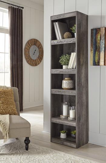 Ashley Wynnlow 3-piece entertainment center with electric fireplace, featuring a modern design, open shelving, and a built-in fireplace.