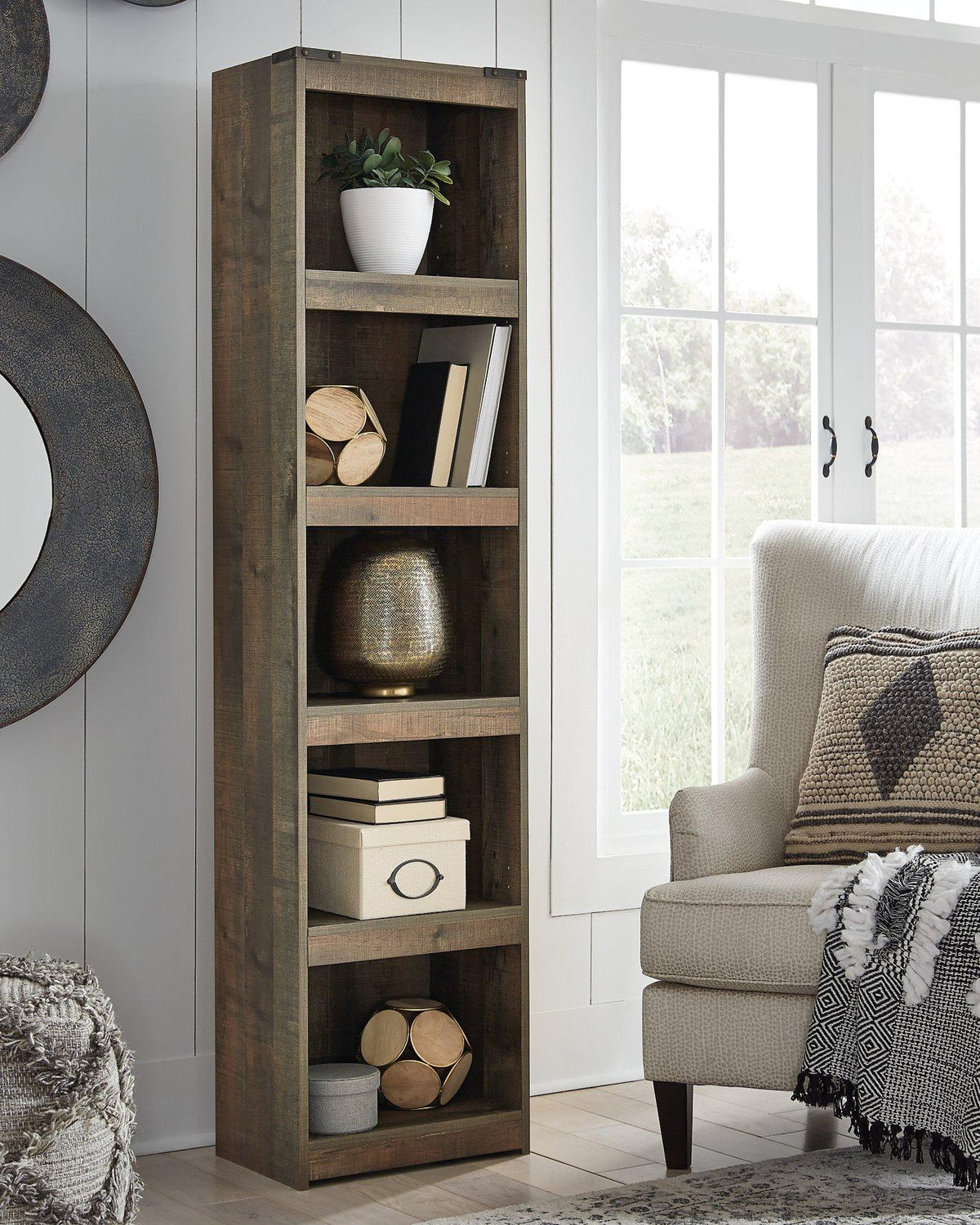 Ashley Furniture Trinell Pier Entertainment Center with open shelving and cabinet storage in a modern wood finish.