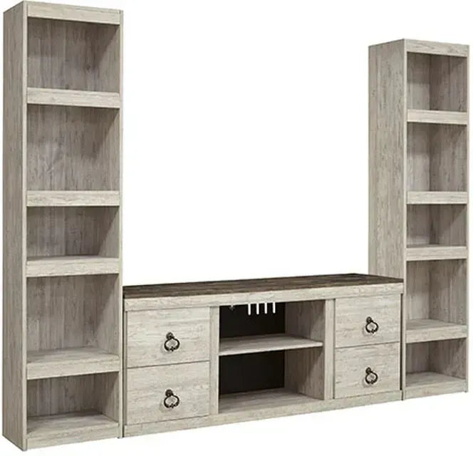 Willowton 3-piece entertainment center by Ashley Furniture with TV stand and storage cabinets, dark wood finish.