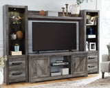 Ashley Furniture Wynnlow 4-piece entertainment center with TV stand, shelves, and storage cabinets, in a modern wood finish.