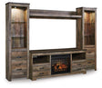 Ashley Furniture Trinell 4-piece entertainment center with electric fireplace, featuring shelves, cabinets, and a modern design.