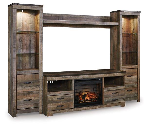 Ashley Furniture Trinell 4-piece entertainment center with electric fireplace, featuring shelves, cabinets, and a modern design.