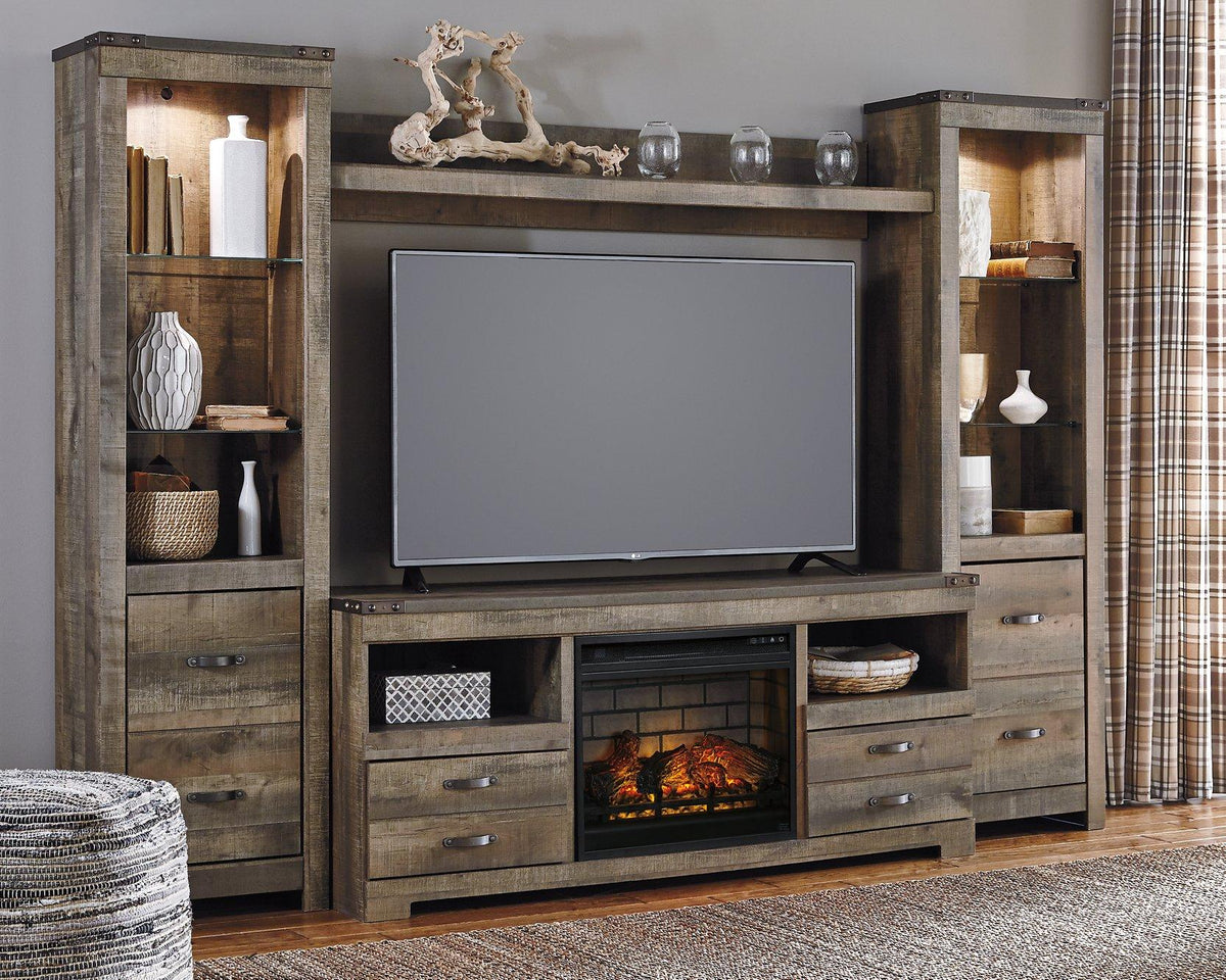 Ashley Furniture Trinell 4-piece entertainment center with electric fireplace, featuring open shelves and storage cabinets.