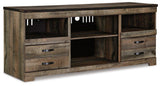 Ashley Trinell 4-piece entertainment center with electric fireplace, featuring storage cabinets and a modern design.