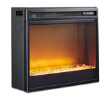Ashley Furniture Trinell 4-piece entertainment center with electric fireplace, featuring wood finish, open shelves, and storage compartments.