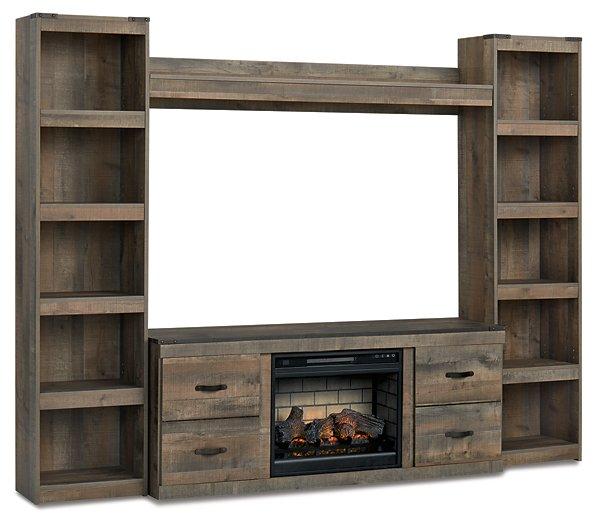 Ashley Furniture Trinell 4-piece entertainment center with electric fireplace, showcasing modern design and spacious storage compartments.