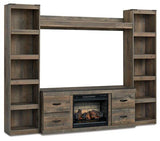 Ashley Furniture Trinell 4-piece entertainment center with electric fireplace, showcasing modern design and spacious storage compartments.