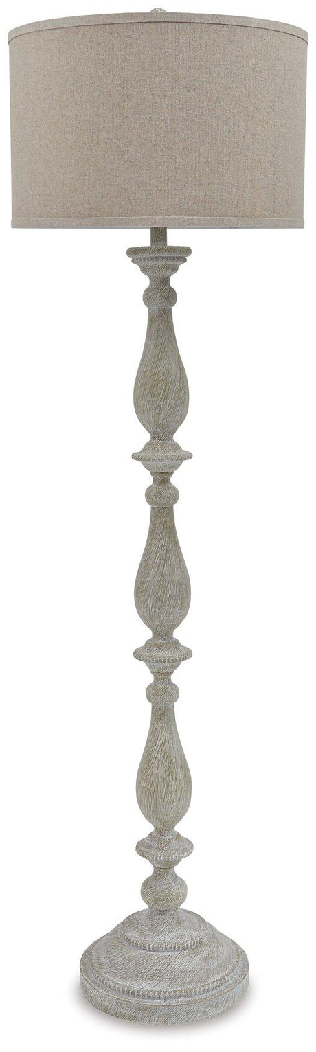 Elegant Ashley Bernadate floor lamp with a tall, sleek design and a fabric lampshade, perfect for modern living rooms.