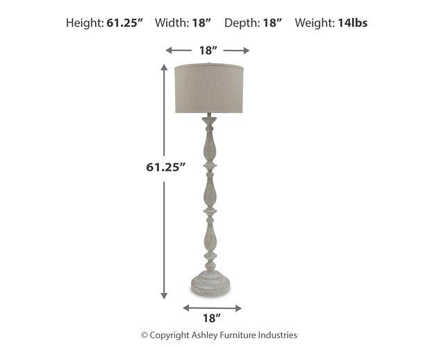 Bernadate floor lamp by Ashley Furniture featuring a sleek design with a tall, modern metal stand and a fabric lampshade.