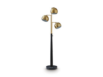 Ashley Furniture Sorcha floor lamp with a tall, elegant design and a fabric lampshade, perfect for living room lighting.