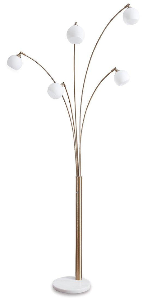 Taliya Arc Floor Lamp by Ashley Furniture with a sleek curved design and modern metal finish, ideal for living room lighting.