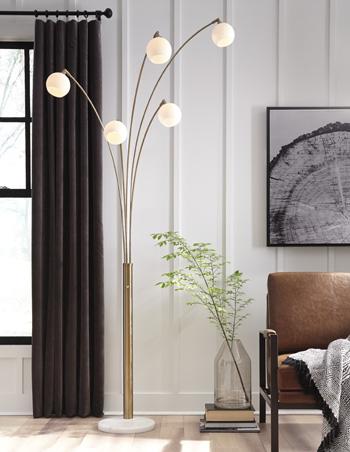 Modern Taliya Arc Floor Lamp by Ashley Furniture with a sleek metal arc design and a fabric lampshade.