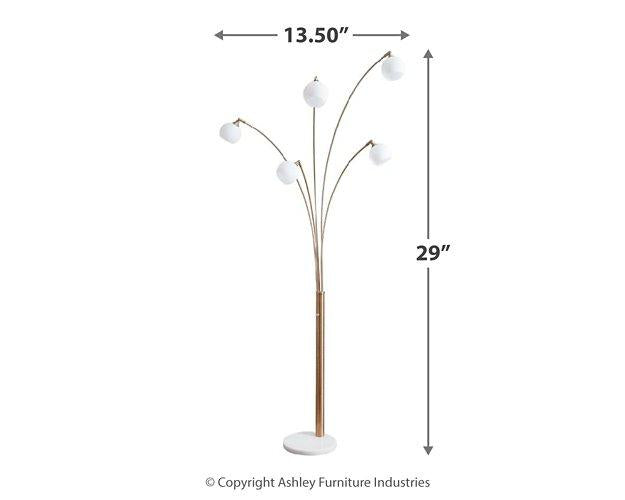 Modern Taliya Arc Floor Lamp by Ashley Furniture with a sleek metal arc design and a fabric shade, ideal for living room lighting.