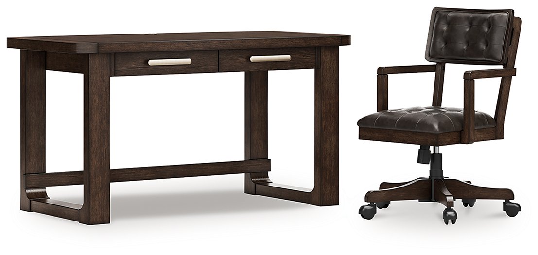 Ashley Furniture Breckington home office set with desk, chair, and storage in a modern design, shown in a well-lit home office space.