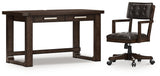 Ashley Furniture Breckington home office set with desk, chair, and storage in a modern design, shown in a well-lit home office space.