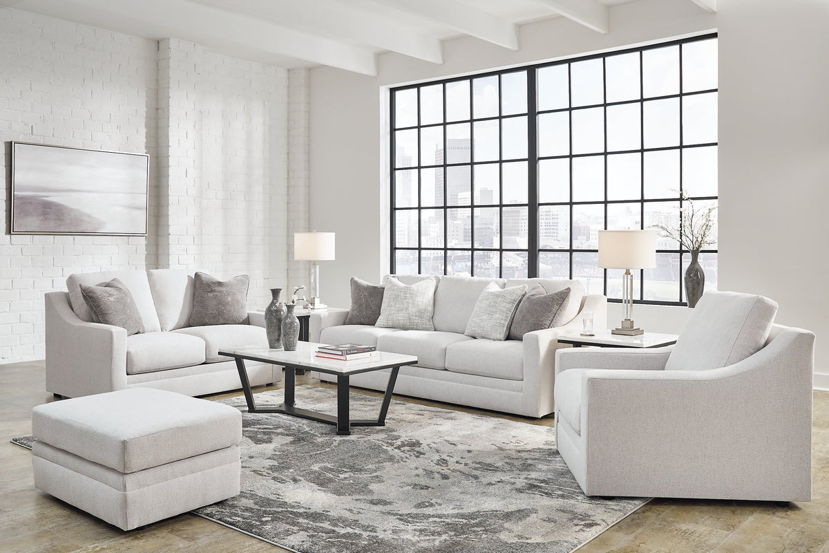 Ashley Furniture Maitelynn upholstery package with a stylish living room set including sofa, loveseat, and armchair in a modern fabric.