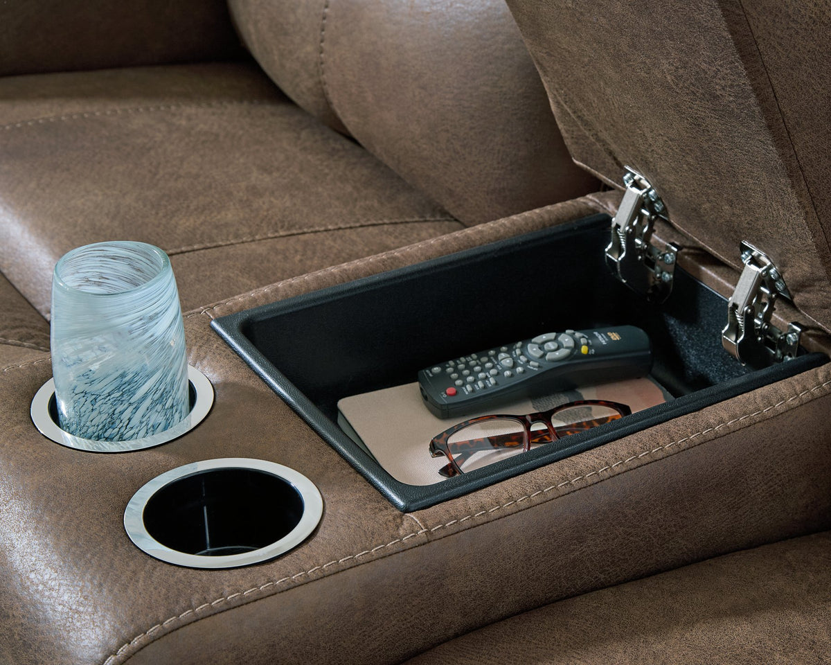 Close-up of Ashley Furniture Beckley Place reclining living room set console with detailed wood finish and comfortable upholstery.