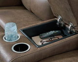 Close-up of Ashley Furniture Beckley Place reclining living room set console with detailed wood finish and comfortable upholstery.