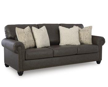 Ashley Roxmere living room set with a sofa, loveseat, and armchair in neutral fabric, featuring plush cushions and modern design.
