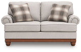 Ashley Furniture Clearbrooke living room set featuring a sofa and loveseat with neutral fabric upholstery and modern design.
