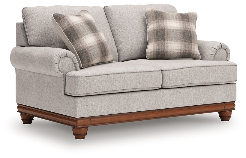 Ashley Furniture Clearbrooke living room set with sofa, loveseat, and armchair in a modern, neutral-toned fabric arrangement.