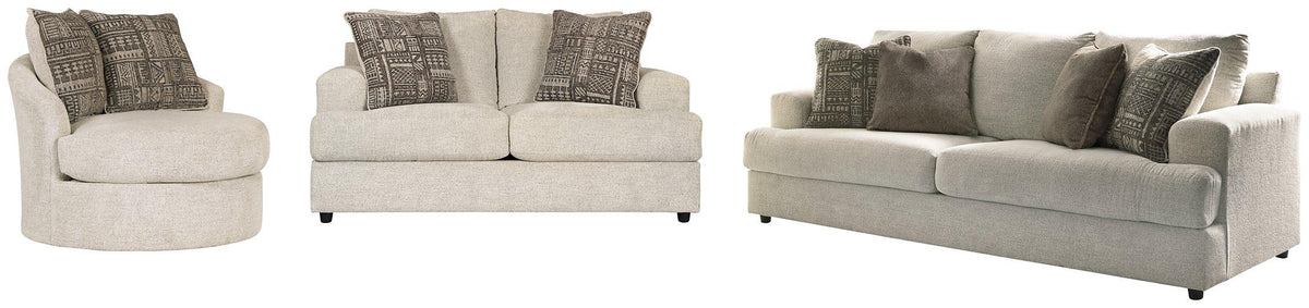 Ashley Furniture Soletren living room set with sofa and armchair in neutral fabric, modern design, and plush cushions.