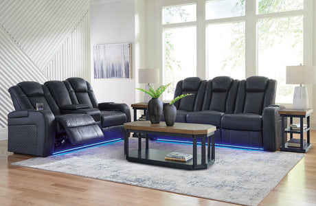 Ashley Furniture Fyne-Dyme living room set featuring a sofa and recliner with plush upholstery and wood accents.