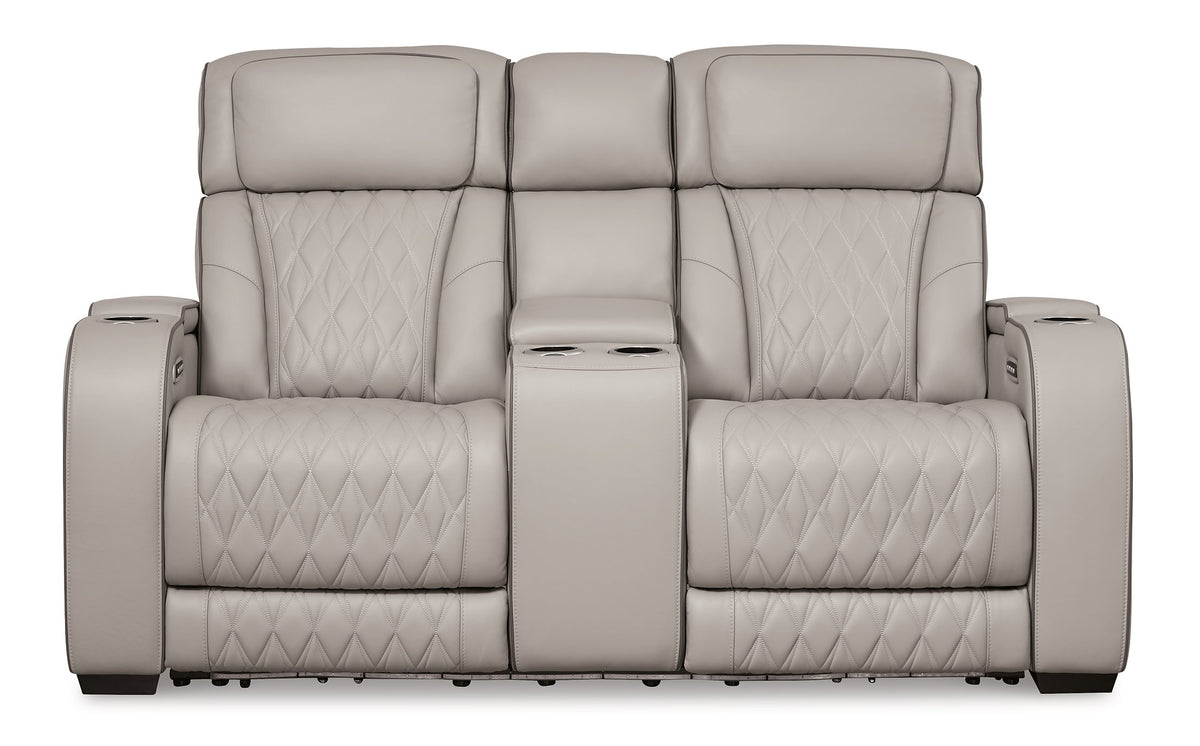 Boyington Power Reclining Loveseat with Console by Ashley Furniture, showing plush fabric, padded armrests, and built-in console.