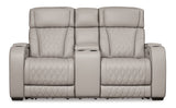 Boyington Power Reclining Loveseat with Console by Ashley Furniture, showing plush fabric, padded armrests, and built-in console.