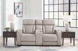 Boyington Power Reclining Loveseat with Console by Ashley Furniture, showing plush fabric, built-in console, and reclining features.