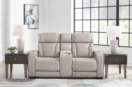 Boyington Power Reclining Loveseat with Console by Ashley Furniture, showing plush fabric, built-in console, and reclining features.