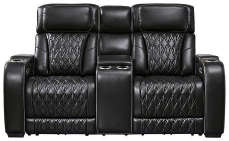 Ashley Furniture Boyington power reclining loveseat with console, featuring plush upholstery and built-in cup holders for comfort.