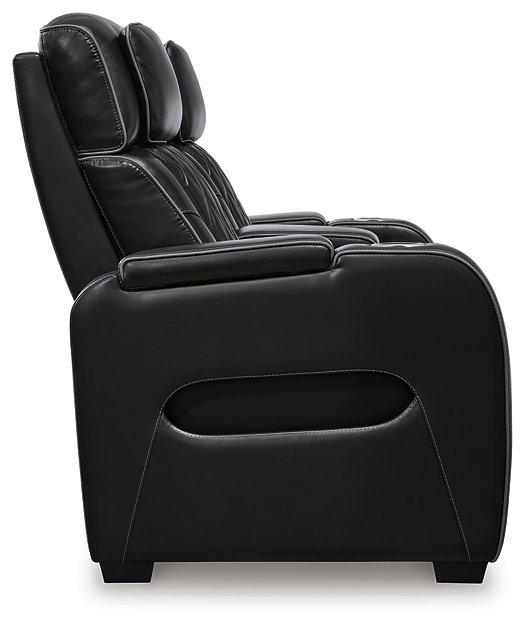 Boyington Power Reclining Loveseat with Console by Ashley Furniture, showing plush fabric, reclining features, and built-in center console.