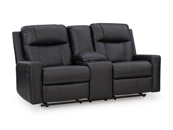 Ashley Furniture Mackmenville reclining loveseat with built-in console, featuring plush upholstery and comfortable seating in a stylish design.