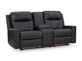Ashley Furniture Mackmenville reclining loveseat with built-in console, featuring plush upholstery and comfortable seating in a stylish design.