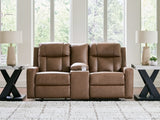 Ashley Furniture Mackmenville reclining loveseat with built-in console, featuring plush cushions and dark upholstery.