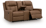 Ashley Furniture Mackmenville reclining loveseat with console, featuring plush fabric, padded armrests, and a built-in center console.