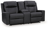 Ashley Furniture Mackmenville reclining loveseat with console, shown from an angled view, featuring plush fabric and built-in cupholders.