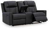 Ashley Furniture Mackmenville reclining loveseat with console, showing plush fabric, padded armrests, and open reclining mechanism.