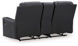 Ashley Furniture Mackmenville reclining loveseat with console, showing plush fabric, padded armrests, and built-in center console.