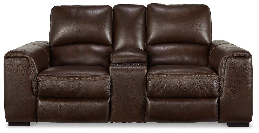 Ashley Furniture Alessandro power reclining loveseat with built-in console, featuring plush upholstery and padded armrests.