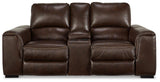 Ashley Furniture Alessandro power reclining loveseat with built-in console, featuring plush upholstery and padded armrests.
