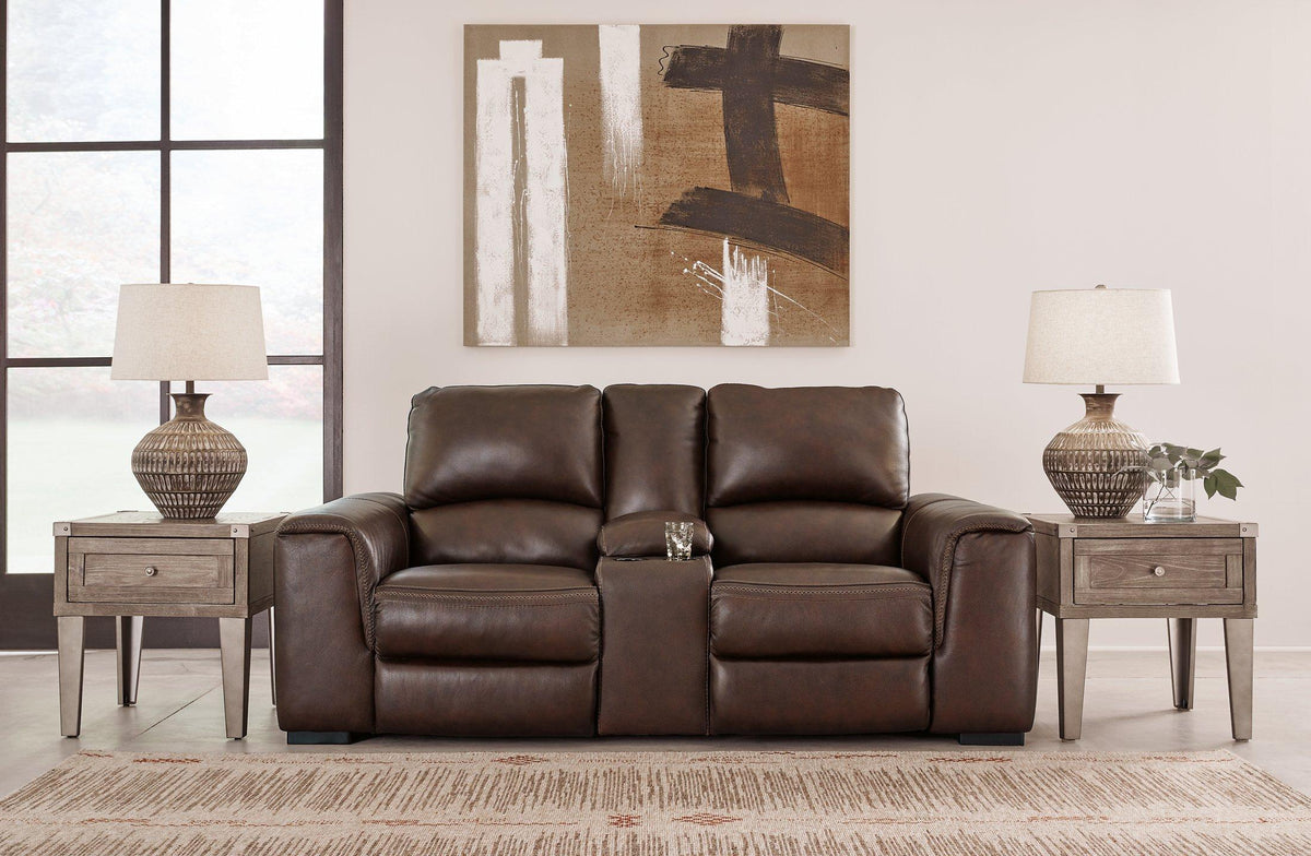 Ashley Furniture Alessandro power reclining loveseat with console, featuring plush upholstery and built-in cup holders, in a modern living room.