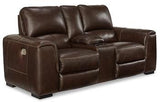 Ashley Furniture Alessandro Power Reclining Loveseat with Console, showcasing plush upholstery and built-in drink holder.