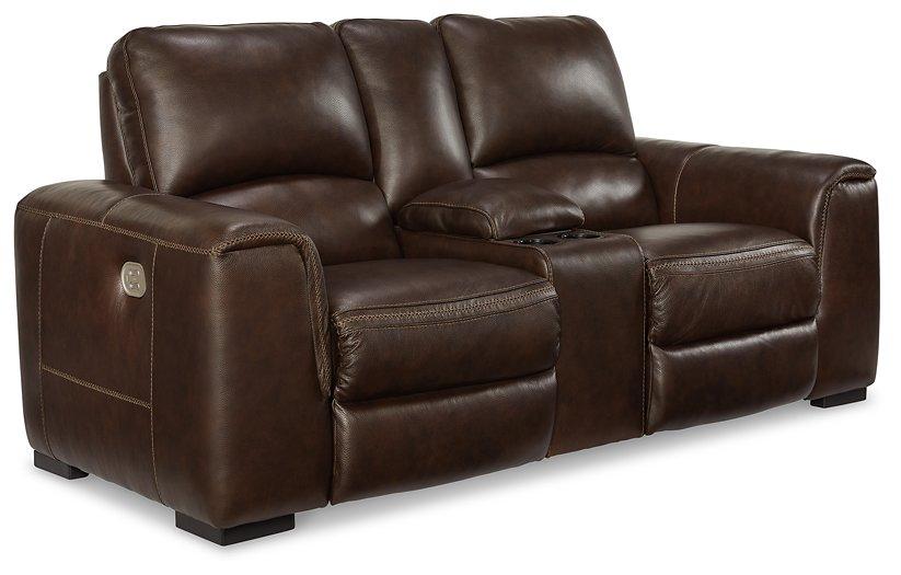 Ashley Furniture Alessandro Power Reclining Loveseat with Console, showing plush fabric, reclining feature, and built-in center console.